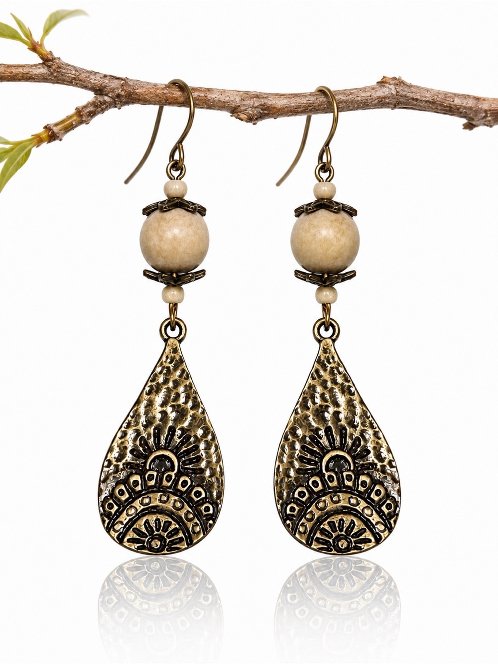 Wood Bead Bronze Teardrop Earrings Boho Rustic Dangles